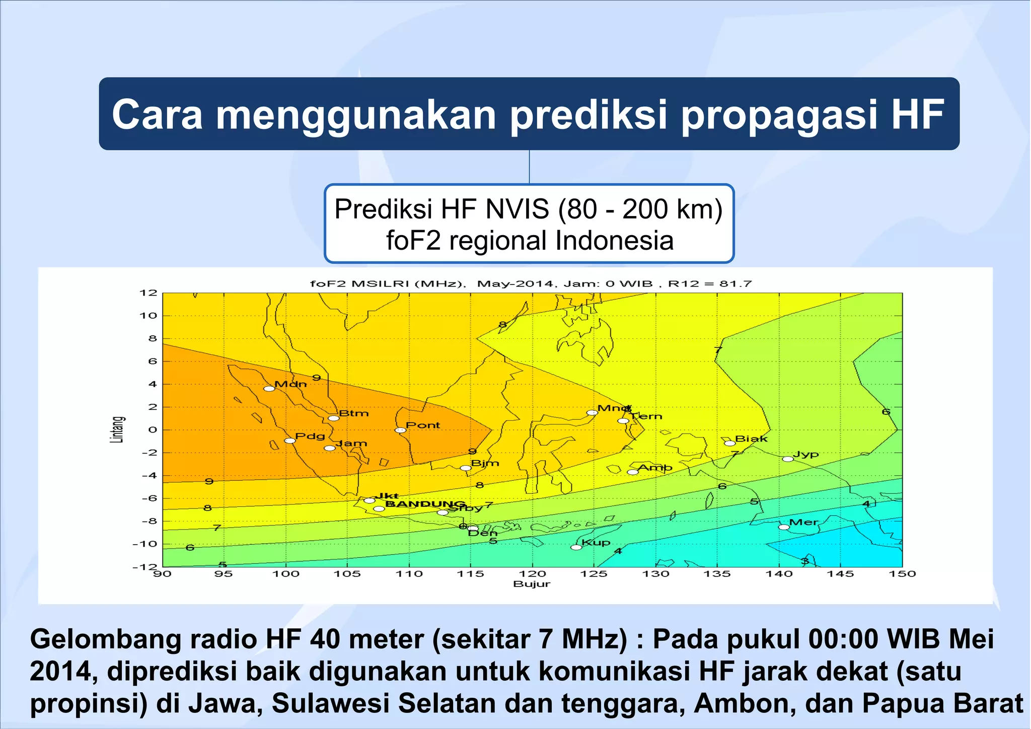 Cara menggunakan prediksi propagasi HF
Prediksi HF NVIS (80 - 200 km)
foF2 regional Indonesia
Gelombang radio HF 40 meter (sekitar 7 MHz) : Pada pukul 00:00 WIB Mei
2014, diprediksi baik digunakan untuk komunikasi HF jarak dekat (satu
propinsi) di Jawa, Sulawesi Selatan dan tenggara, Ambon, dan Papua Barat
 