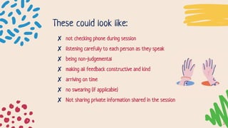These could look like:
✘ not checking phone during session
✘ listening carefully to each person as they speak
✘ being non-judgemental
✘ making all feedback constructive and kind
✘ arriving on time
✘ no swearing (if applicable)
✘ Not sharing private information shared in the session
2
 