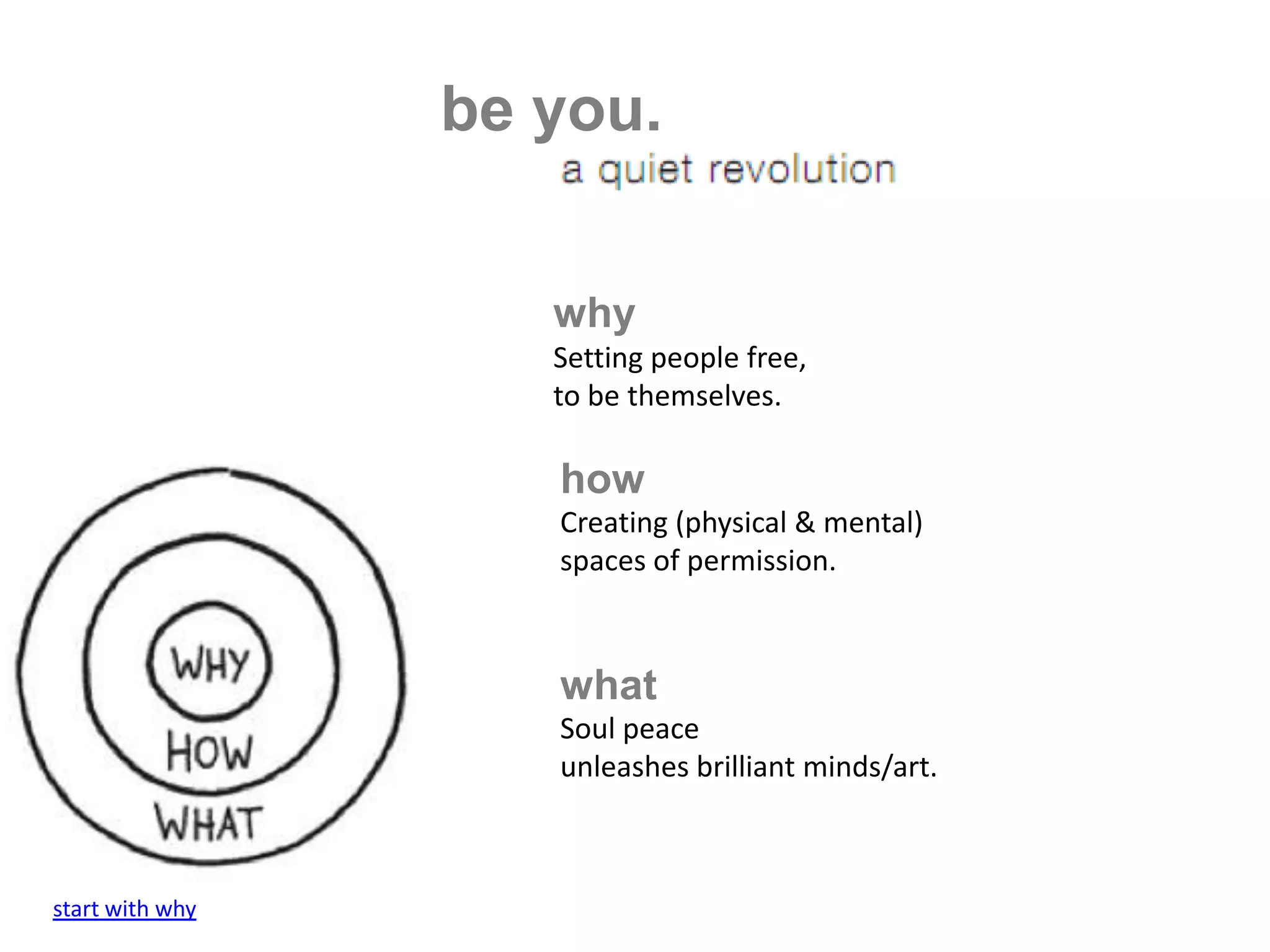 be you.


                    why
                    Setting people free,
                    to be themselves.

                    how
                    Creating (physical & mental)
                    spaces of permission.



                    what
                    Soul peace
                    unleashes brilliant minds/art.



start with why
 