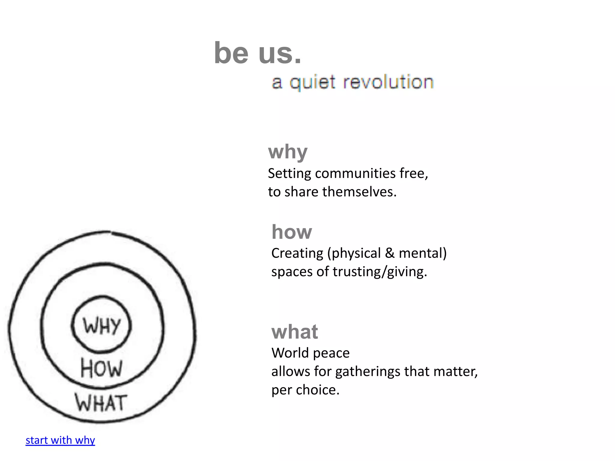be us.


                    why
                    Setting communities free,
                    to share themselves.

                    how
                    Creating (physical & mental)
                    spaces of trusting/giving.



                    what
                    World peace
                    allows for gatherings that matter,
                    per choice.


start with why
 
