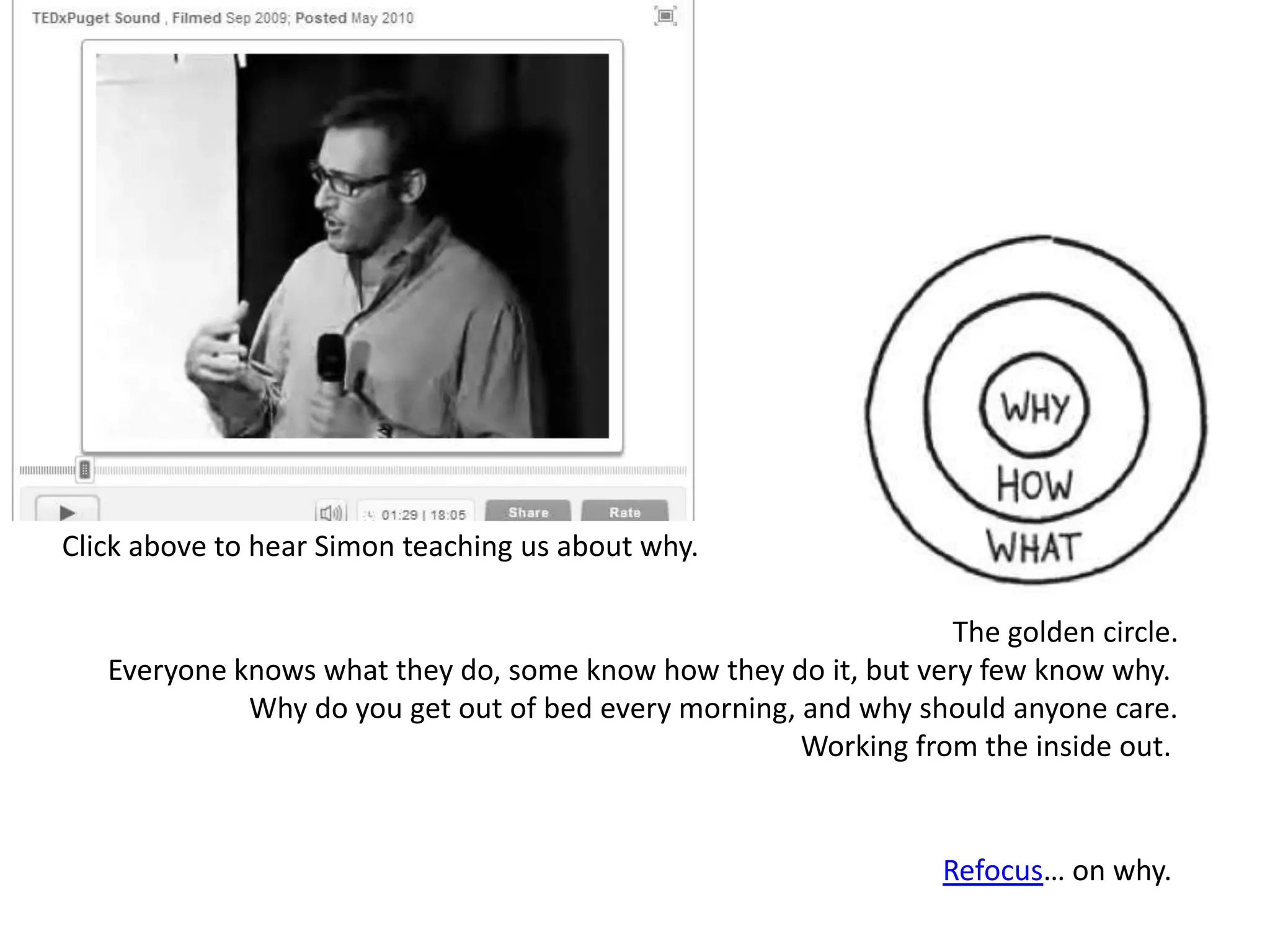 Click above to hear Simon teaching us about why.

                                                                 The golden circle.
   Everyone knows what they do, some know how they do it, but very few know why.
             Why do you get out of bed every morning, and why should anyone care.
                                                      Working from the inside out.


                                                                 Refocus… on why.
 