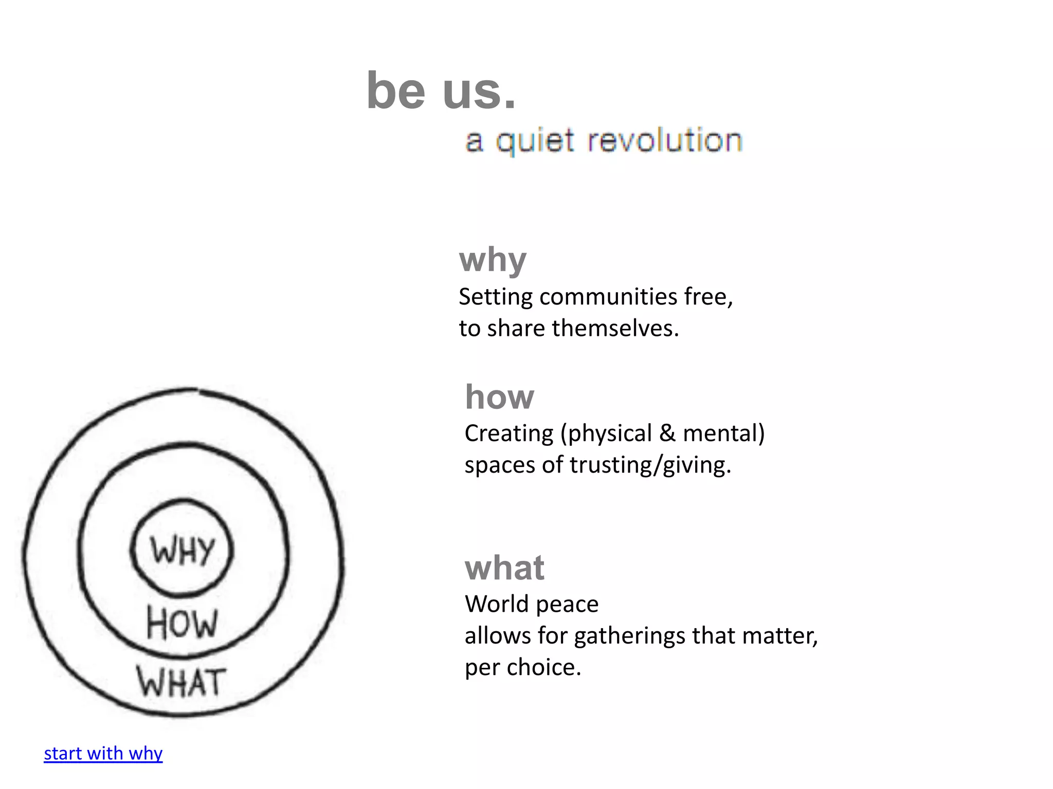 be us.


                    why
                    Setting communities free,
                    to share themselves.

                    how
                    Creating (physical & mental)
                    spaces of trusting/giving.



                    what
                    World peace
                    allows for gatherings that matter,
                    per choice.


start with why
 