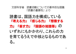 6
文部科学省　読書活動についての基本的な認識　
「読書の重要性」より
読書 国語力 構成
「考える力」「感じる力」「想像する
力」「表す力」「国語の知識等」
力
育 中核
 