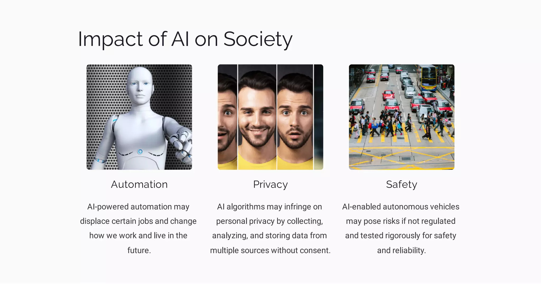 Impact of AI on Society
Automation
AI-powered automation may
displace certain jobs and change
how we work and live in the
future.
Privacy
AI algorithms may infringe on
personal privacy by collecting,
analyzing, and storing data from
multiple sources without consent.
Safety
AI-enabled autonomous vehicles
may pose risks if not regulated
and tested rigorously for safety
and reliability.
 