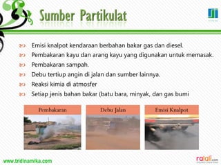 www.tridinamika.com
 Emisi knalpot kendaraan berbahan bakar gas dan diesel.
 Pembakaran kayu dan arang kayu yang digunakan untuk memasak.
 Pembakaran sampah.
 Debu tertiup angin di jalan dan sumber lainnya.
 Reaksi kimia di atmosfer
 Setiap jenis bahan bakar (batu bara, minyak, dan gas bumi
19
 
