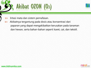 www.tridinamika.com
 Iritasi mata dan sistem pernafasan.
 Akibatnya tergantung pada dosis atau konsentrasi dari
paparan yang dapat mengakibatkan kerusakan pada tanaman
dan hewan, serta bahan-bahan seperti karet, cat, dan tekstil.
23
 