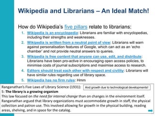Wikipedia and Librarians – An Ideal Match! 
How do Wikipedia’s five pillars relate to librarians: 
1. Wikipedia is an encyclopedia: Librarians are familiar with encyclopedias, 
including their strengths and weaknesses. 
2. Wikipedia is written from a neutral point of view: Librarians will warn 
against personalisation features of Google, which can act as an ‘echo 
chamber’ and not provide neutral answers to queries. 
3. Wikipedia is free content that anyone can use, edit, and distribute: 
Librarians have been pro-active in encouraging open access policies, to 
minimise costs of journal subscriptions and maximise access to research. 
4. Editors should treat each other with respect and civility: Librarians will 
have similar rules regarding use of library space. 
5. Wikipedia has no firm rules: Hmm 
12 
Ranganathan’s Five Laws of Library Science (1931): 
And growth due to technological developments! 
5: The library is a growing organism 
This law focused on the need for internal change than on changes in the environment itself. 
Ranganathan argued that library organizations must accommodate growth in staff, the physical 
collection and patron use. This involved allowing for growth in the physical building, reading 
areas, shelving, and in space for the catalog. 
 