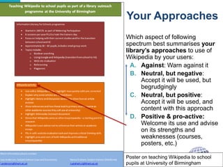 Your Approaches 
Which aspect of following 
spectrum best summarises your 
library’s approaches to use of 
Wikipedia by your users: 
A. Against: Warn against it 
B. Neutral, but negative: 
Accept it will be used, but 
begrudgingly 
C. Neutral, but positive: 
Accept it will be used, and 
content with this approach 
D. Positive & pro-active: 
Welcome its use and advise 
on its strengths and 
weaknesses (courses, 
posters, etc.) 
6 
Poster on teaching Wikipedia to school 
pupils at University of Birmingham 
 