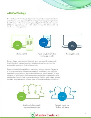 5
A Unified Strategy
The multi-device behavior of today’s digital user is reflected in the development and testing
strategies of our survey respondents. It’s clear that organizations are preparing themselves
to satisfy users no matter how or where they access digital information. Over three quarters
(76%) of the respondents have both a mobile and web presence, while 15% are mobile-only
and 9% have a web-only presence.
Company size also impacts decisions about multi-device experiences. On average, small
organizations (1-24 employees) were twice as likely than enterprises (more than 1000
employees) to support only a single device experience.
Concurrently, organizations are adjusting how their test teams are structured. The majority
of the survey respondents (59%) said they have a single unified team for both mobile and
desktop web testing. Having one team is traditionally a smaller business approach, but larger
companies are adopting a “one mobile and web team” approach due to the pressure to deliver
digital products faster. This is an encouraging trend given that when mobile and web teams are
united and using the same tools, it’s easier to spot differences across devices and platforms.
Mobile and Web Mobile only (native/hybrid
mobile app, m.dot)
Web only (dot.com)
�����
76%
15%
9%
One team for both mobile
and desktop web testing
59%
Separate mobile and
desktop web teams
41%
 