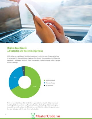 6
Digital Excellence:
4 Obstacles and Recommendations
While delivering a reliable and consistent experience is critical to most of the organizations
in our survey, it is also their biggest challenge. Two-thirds of the respondents (67%) view the
delivery of a reliable and consistent digital experience as a major challenge, and 30% see it as
a minor challenge.
There are several obstacles that stand in the way of delivering a superb digital experience,
including the desire to release new functionality faster, the challenge of doing testing that
accurately represents real user conditions on an array of devices and operating systems, and
the need to keep up with the pace of new technologies.
�������67%
30%
3%
Major challenge
Minor challenge
No challenge
 