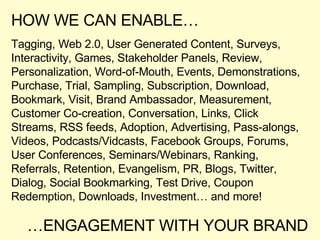 HOW WE CAN ENABLE… Tagging, Web 2.0, User Generated Content, Surveys, Interactivity, Games, Stakeholder Panels, Review, Personalization, Word-of-Mouth, Events, Demonstrations, Purchase, Trial, Sampling, Subscription, Download, Bookmark, Visit, Brand Ambassador, Measurement, Customer Co-creation, Conversation, Links, Click Streams, RSS feeds, Adoption, Advertising, Pass-alongs, Videos, Podcasts/Vidcasts, Facebook Groups, Forums, User Conferences, Seminars/Webinars, Ranking, Referrals, Retention, Evangelism, PR, Blogs, Twitter, Dialog, Social Bookmarking, Test Drive, Coupon Redemption, Downloads, Investment… and more! … ENGAGEMENT WITH YOUR BRAND 