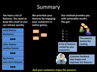 Summary<br />You have a list of features. You want to keep this small so you can release quickly.<br />We prioritize your ...