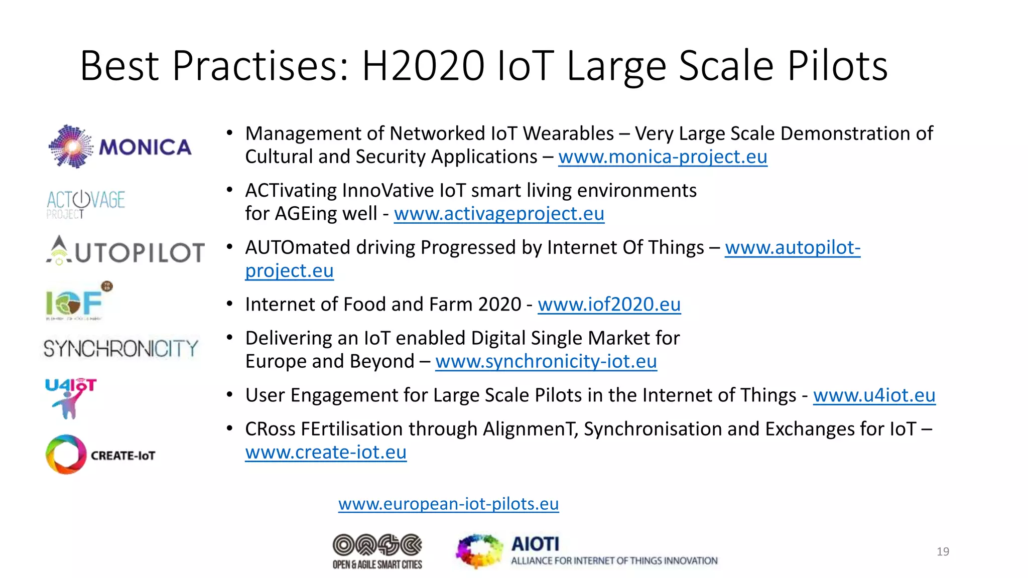 Best Practises: H2020 IoT Large Scale Pilots
• Management of Networked IoT Wearables – Very Large Scale Demonstration of
Cultural and Security Applications – www.monica-project.eu
• ACTivating InnoVative IoT smart living environments
for AGEing well - www.activageproject.eu
• AUTOmated driving Progressed by Internet Of Things – www.autopilot-
project.eu
• Internet of Food and Farm 2020 - www.iof2020.eu
• Delivering an IoT enabled Digital Single Market for
Europe and Beyond – www.synchronicity-iot.eu
• User Engagement for Large Scale Pilots in the Internet of Things - www.u4iot.eu
• CRoss FErtilisation through AlignmenT, Synchronisation and Exchanges for IoT –
www.create-iot.eu
19
www.european-iot-pilots.eu
 