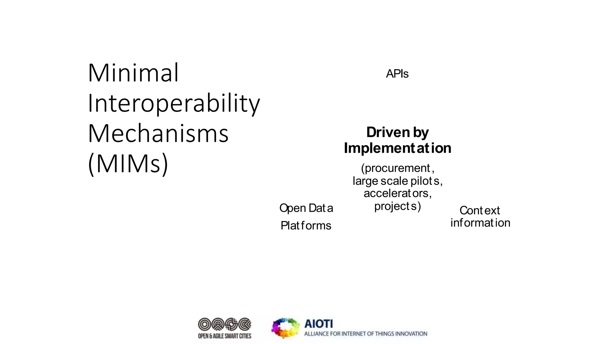 Minimal
Interoperability
Mechanisms
(MIMs)
Driven by
Implementation
(procurement,
large scale pilots,
accelerators,
projects)
APIs
Context
information
Open Data
Platforms
 