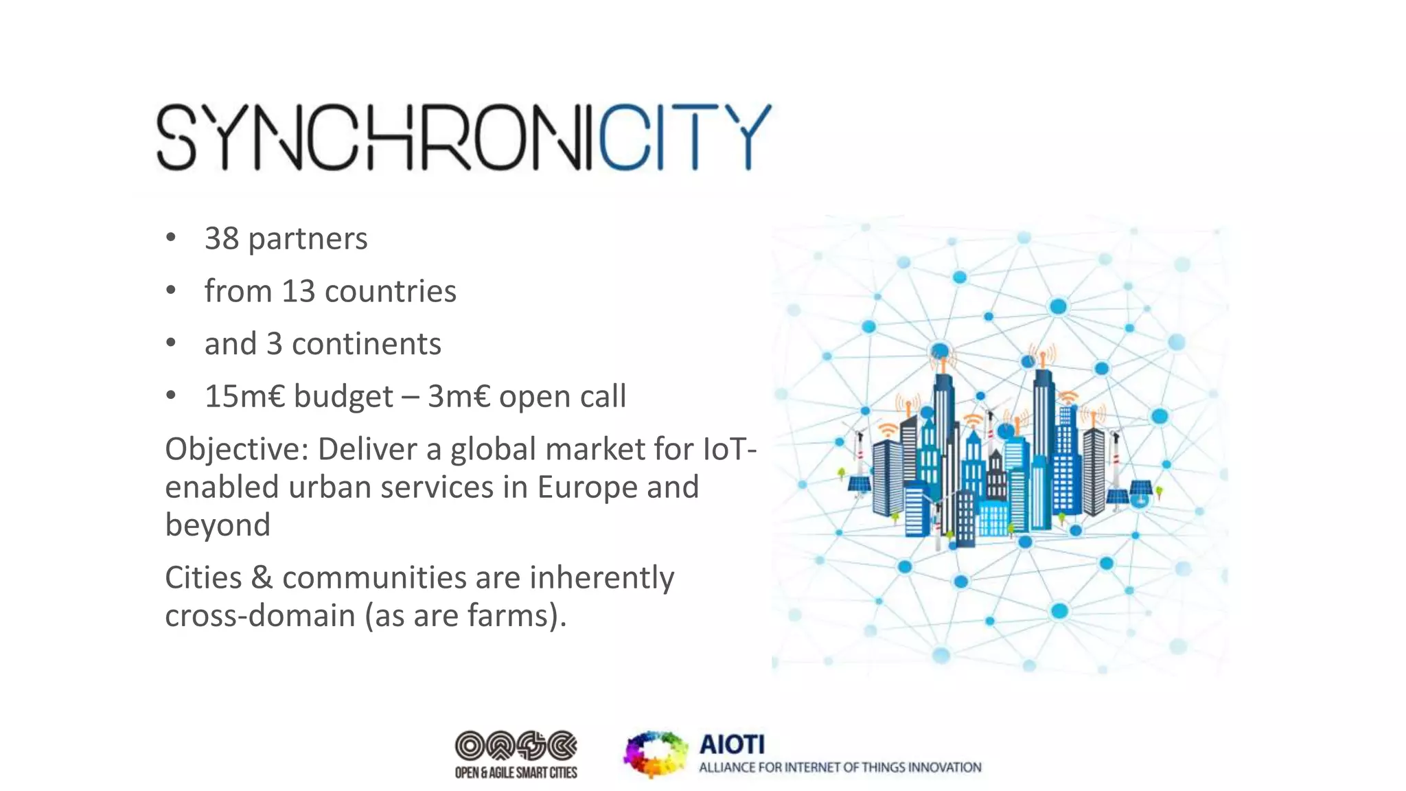• 38 partners
• from 13 countries
• and 3 continents
• 15m€ budget – 3m€ open call
Objective: Deliver a global market for IoT-
enabled urban services in Europe and
beyond
Cities & communities are inherently
cross-domain (as are farms).
 