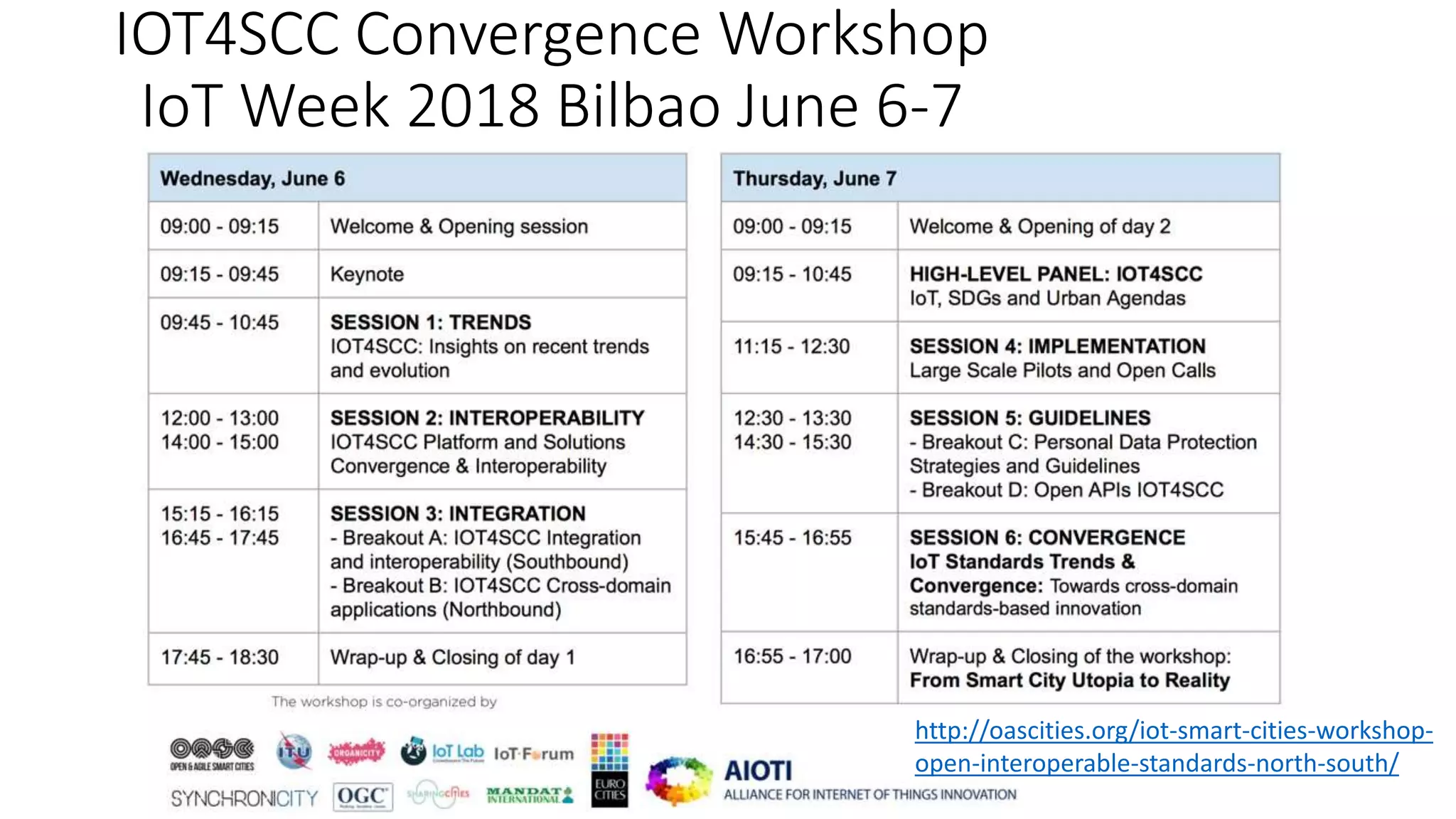 IOT4SCC Convergence Workshop
IoT Week 2018 Bilbao June 6-7
http://oascities.org/iot-smart-cities-workshop-
open-interoperable-standards-north-south/
 