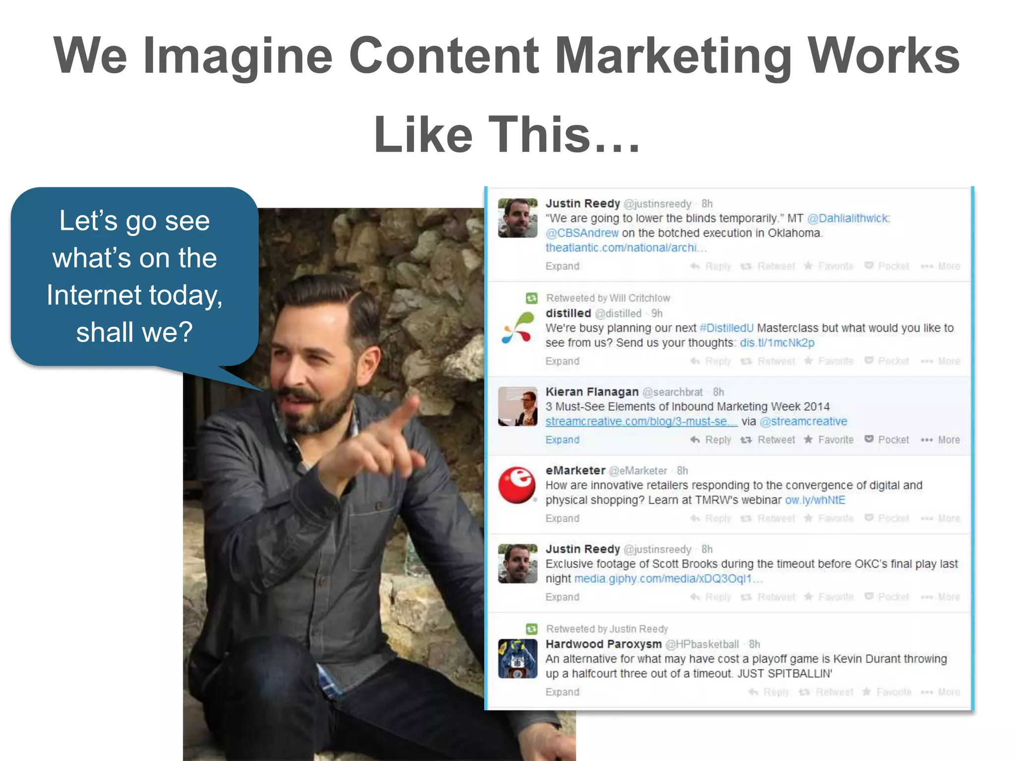 We Imagine Content Marketing Works
Like This…
Let’s go see
what’s on the
Internet today,
shall we?
 