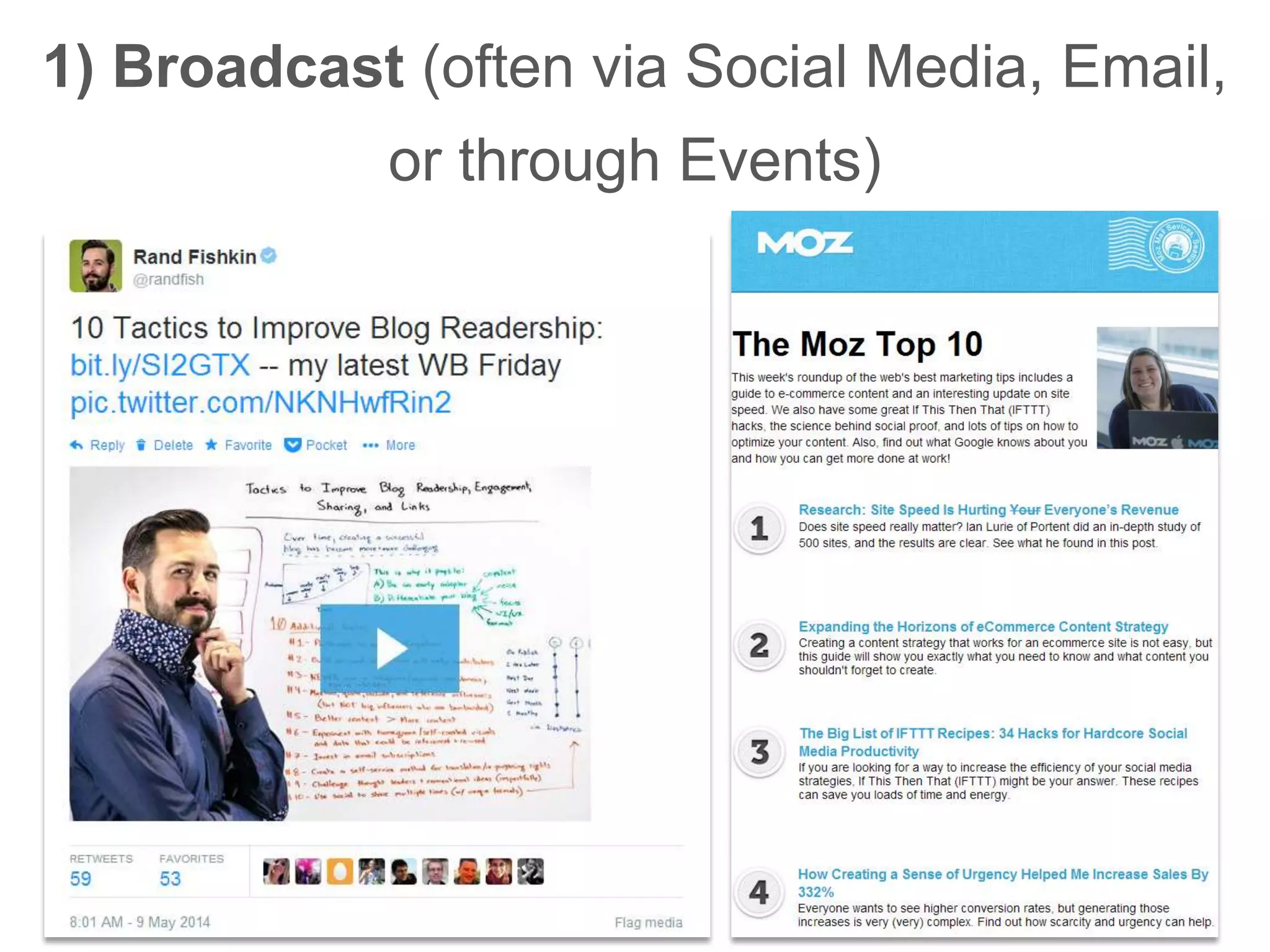 1) Broadcast (often via Social Media, Email,
or through Events)
 