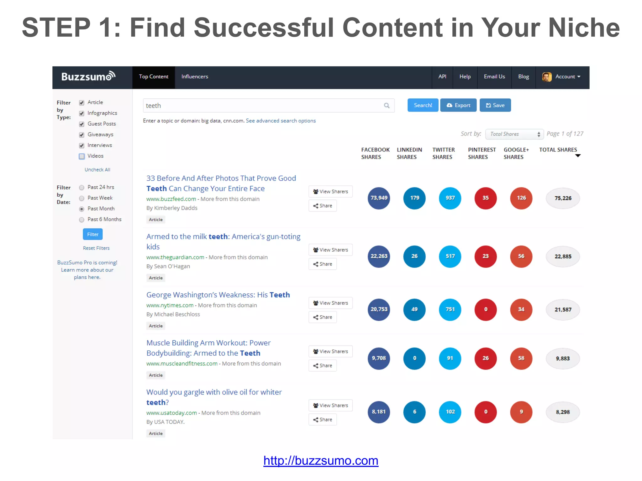 STEP 1: Find Successful Content in Your Niche
http://buzzsumo.com
 