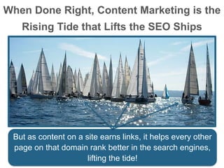 When Done Right, Content Marketing is the
Rising Tide that Lifts the SEO Ships
But as content on a site earns links, it helps every other
page on that domain rank better in the search engines,
lifting the tide!
 
