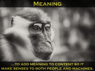 Meaning
...to add meaning to content so it
make senses to both people and machines.
 