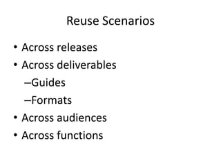 Reuse ScenariosAcross releasesAcross deliverablesGuidesFormatsAcross audiencesAcross functions