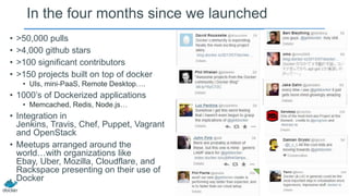 In the four months since we launched
• >50,000 pulls
• >4,000 github stars
• >100 significant contributors
• >150 projects built on top of docker
• UIs, mini-PaaS, Remote Desktop….
• 1000’s of Dockerized applications
• Memcached, Redis, Node.js…
• Integration in
Jenkins, Travis, Chef, Puppet, Vagrant
and OpenStack
• Meetups arranged around the
world…with organizations like
Ebay, Uber, Mozilla, Cloudflare, and
Rackspace presenting on their use of
Docker
 