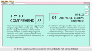 03
TRY TO
COMPREHEND
UTILIZE
ACTIVE/REFLECTIVE
LISTENING
04
We develop personality and leadership skills in kids, and adults. Visit - sanjeevdatta.com
 