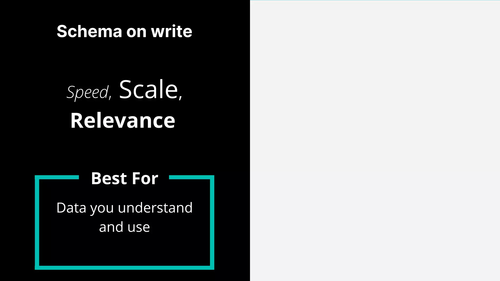 Schema on write
Speed, Scale,
Relevance
Data you understand
and use
Best For
 