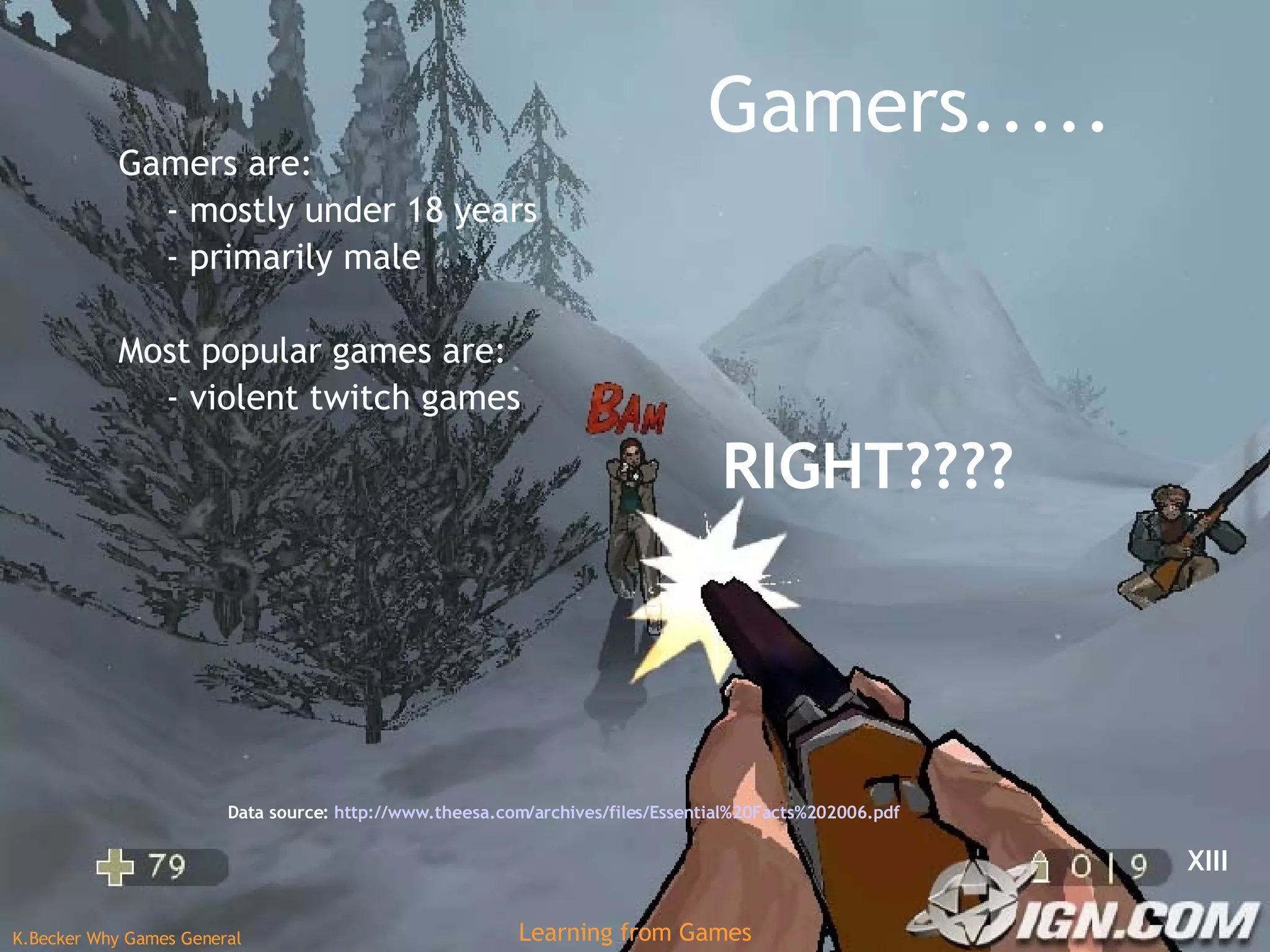 Gamers..... Gamers are: - mostly under 18 years - primarily male Most popular games are: - violent twitch games RIGHT???? Data source:  http://www.theesa.com/archives/files/Essential%20Facts%202006.pdf   XIII 