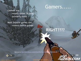 Gamers..... Gamers are: - mostly under 18 years - primarily male Most popular games are: - violent twitch games RIGHT???? Data source:  http://www.theesa.com/archives/files/Essential%20Facts%202006.pdf   XIII 