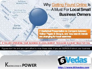 Why Getting Found Online Is
                                                 A Must For Local Small
                                                       Business Owners




IF YOU ARE OPERATING YOUR BUSINESS IN LOCAL MARKET, THIS GUIDE IS A MUST READ FOR YOU.


Figures don’t lie and you can’t afford to miss these stats, if you are SERIOUS about your business




   K   NOWLEDGE IS    POWER                                   http://www.6thvedas.com
 