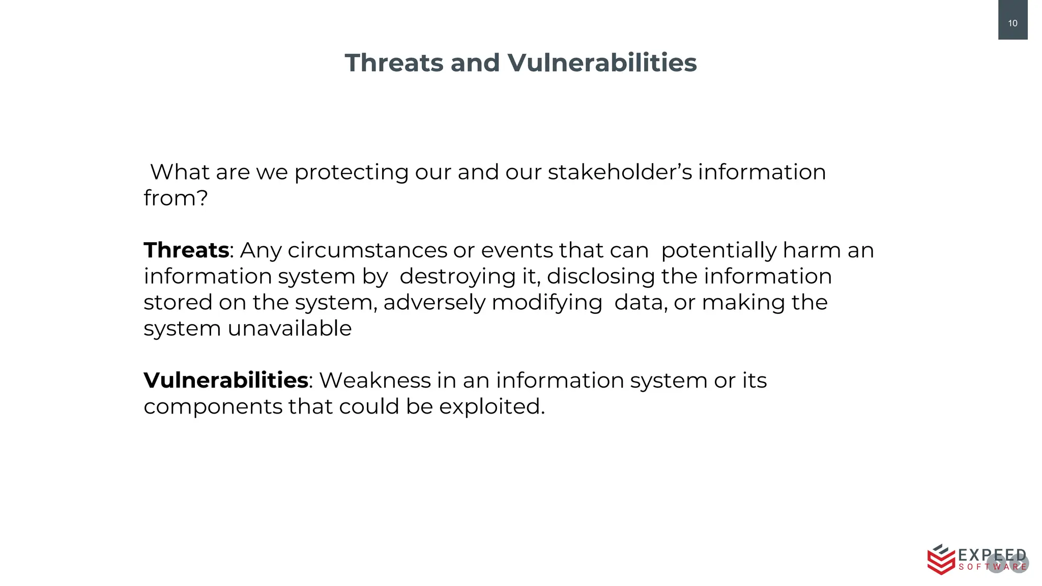 10
Threats and Vulnerabilities
What are we protecting our and our stakeholder’s information
from?
Threats: Any circumstances or events that can potentially harm an
information system by destroying it, disclosing the information
stored on the system, adversely modifying data, or making the
system unavailable
Vulnerabilities: Weakness in an information system or its
components that could be exploited.
 