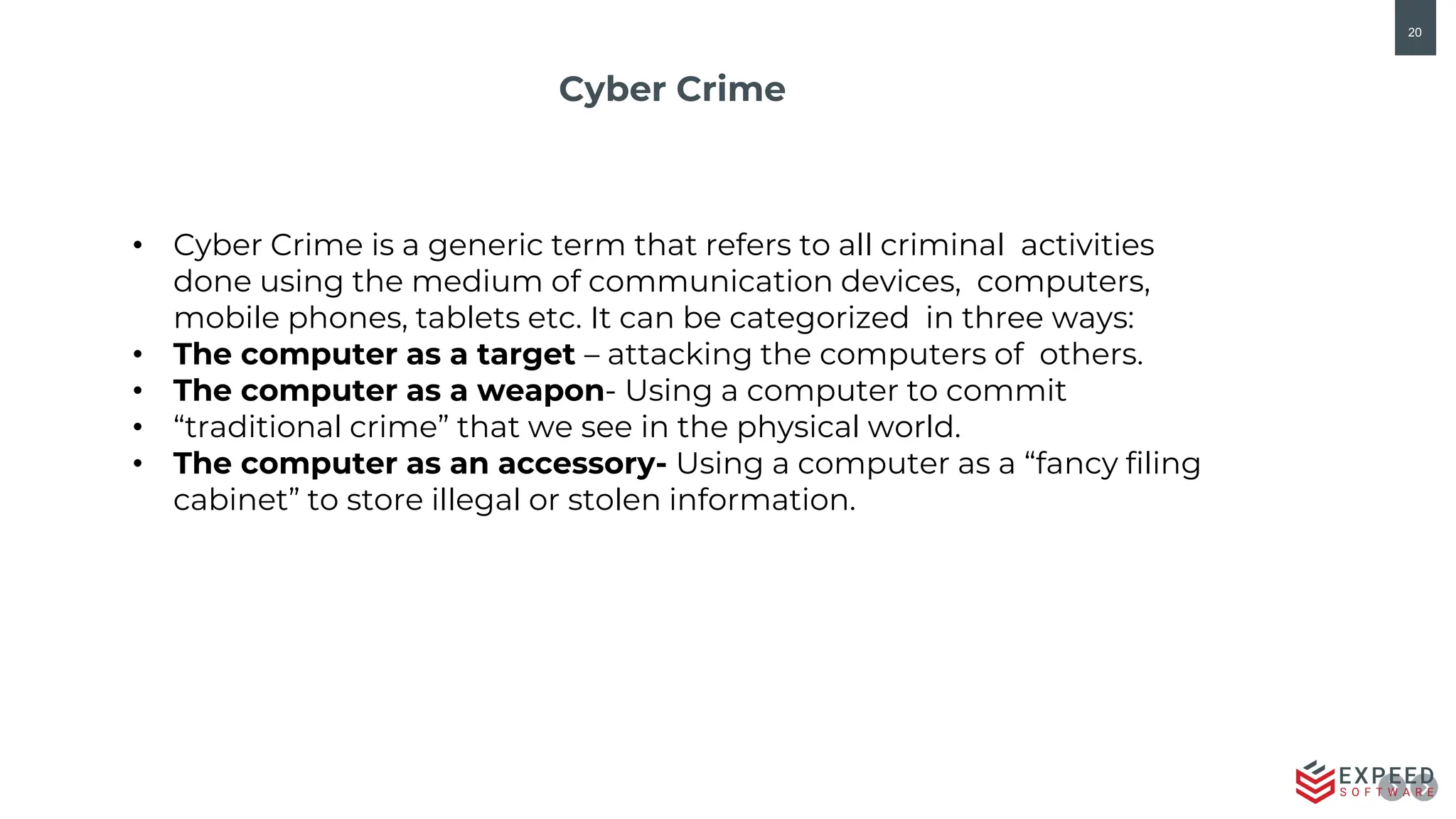 20
Cyber Crime
• Cyber Crime is a generic term that refers to all criminal activities
done using the medium of communication devices, computers,
mobile phones, tablets etc. It can be categorized in three ways:
• The computer as a target – attacking the computers of others.
• The computer as a weapon- Using a computer to commit
• “traditional crime” that we see in the physical world.
• The computer as an accessory- Using a computer as a “fancy filing
cabinet” to store illegal or stolen information.
 