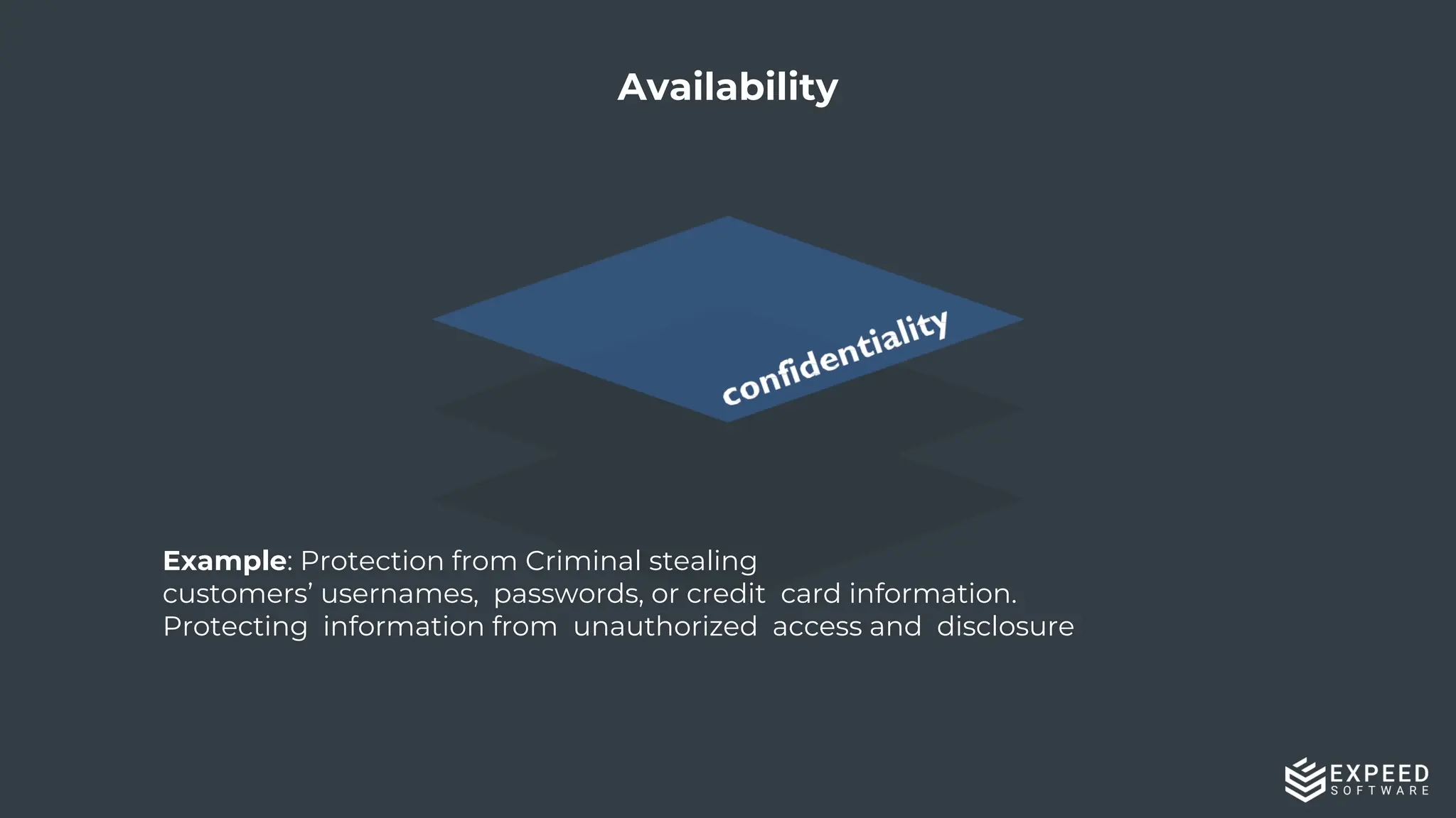 9
Availability
Example: Protection from Criminal stealing
customers’ usernames, passwords, or credit card information.
Protecting information from unauthorized access and disclosure
 