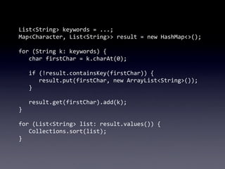 List<String>	
  keywords	
  =	
  ...;
Map<Character,	
  List<String>>	
  result	
  =	
  new	
  HashMap<>();

for	
  (String	
  k:	
  keywords)	
  {
	
   char	
  firstChar	
  =	
  k.charAt(0);
	
  
	
   if	
  (!result.containsKey(firstChar))	
  {
	
   	
   result.put(firstChar,	
  new	
  ArrayList<String>());
	
   }
	
  
	
   result.get(firstChar).add(k);
}

for	
  (List<String>	
  list:	
  result.values())	
  {
	
   Collections.sort(list);
}
 
