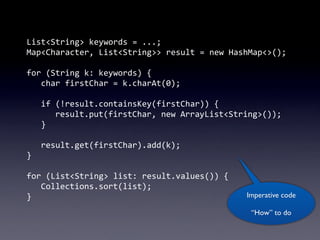 List<String>	
  keywords	
  =	
  ...;
Map<Character,	
  List<String>>	
  result	
  =	
  new	
  HashMap<>();

for	
  (String	
  k:	
  keywords)	
  {
	
   char	
  firstChar	
  =	
  k.charAt(0);
	
  
	
   if	
  (!result.containsKey(firstChar))	
  {
	
   	
   result.put(firstChar,	
  new	
  ArrayList<String>());
	
   }
	
  
	
   result.get(firstChar).add(k);
}

for	
  (List<String>	
  list:	
  result.values())	
  {
	
   Collections.sort(list);
}                                                         Imperative code

                                                           “How” to do
 
