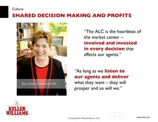 Culture SHARED DECISION MAKING AND PROFITS Mary Tennant, President and COO “ The ALC is the heartbeat of the market center –  involved and invested in every decision  that affects our agents.”  “ As long as we  listen to our agents and deliver  what they want – they will prosper and so will we.”  