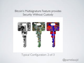 @pamelawjd
Bitcoin’s Multisignature Feature provides
Security Without Custody
Typical Conﬁguration: 2-of-3
 