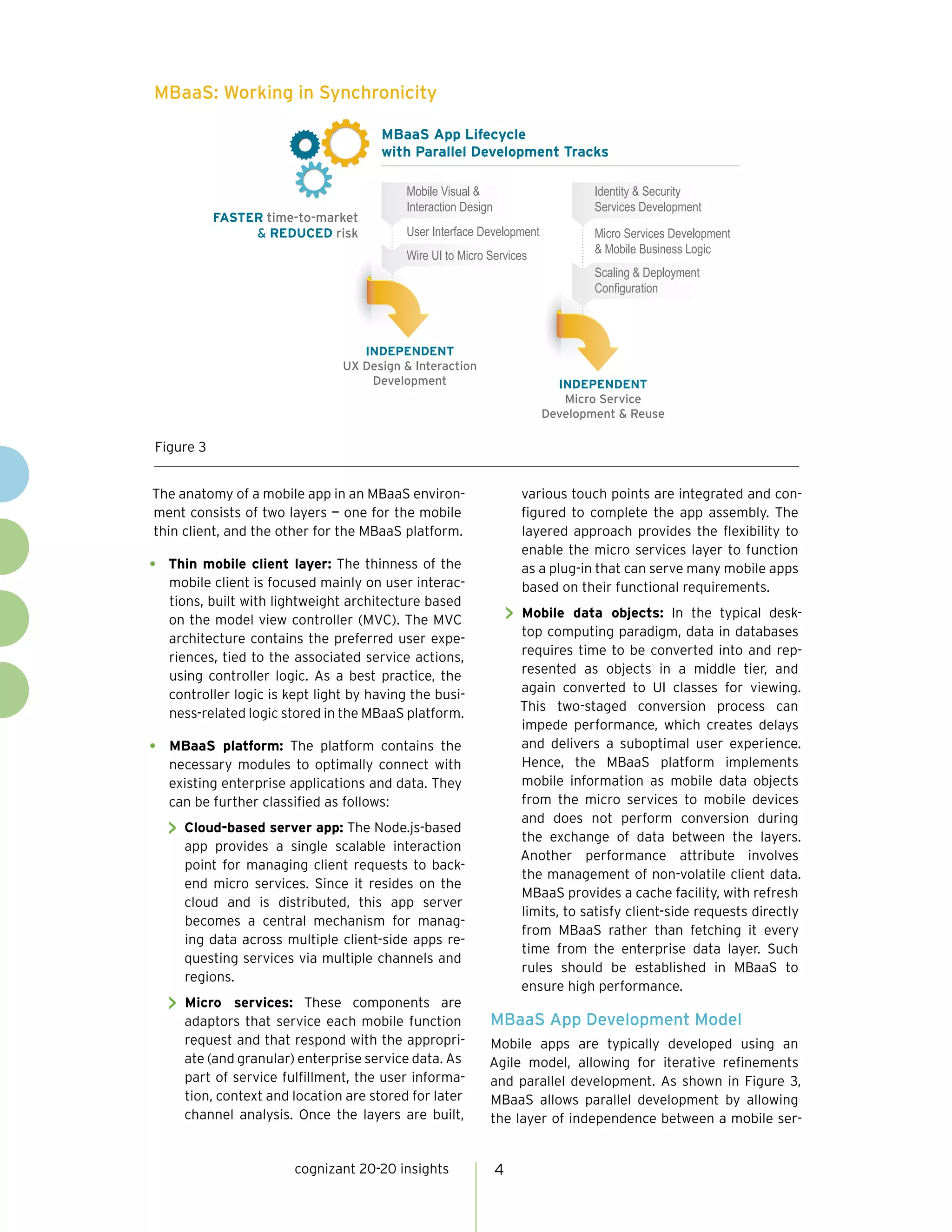 cognizant 20-20 insights 4
The anatomy of a mobile app in an MBaaS environ-
ment consists of two layers — one for the mobile
thin client, and the other for the MBaaS platform.
•	 Thin mobile client layer: The thinness of the
mobile client is focused mainly on user interac-
tions, built with lightweight architecture based
on the model view controller (MVC). The MVC
architecture contains the preferred user expe-
riences, tied to the associated service actions,
using controller logic. As a best practice, the
controller logic is kept light by having the busi-
ness-related logic stored in the MBaaS platform.
•	 MBaaS platform: The platform contains the
necessary modules to optimally connect with
existing enterprise applications and data. They
can be further classified as follows:
>> Cloud-based server app: The Node.js-based
app provides a single scalable interaction
point for managing client requests to back-
end micro services. Since it resides on the
cloud and is distributed, this app server
becomes a central mechanism for manag-
ing data across multiple client-side apps re-
questing services via multiple channels and
regions.
>> Micro services: These components are
adaptors that service each mobile function
request and that respond with the appropri-
ate (and granular) enterprise service data. As
part of service fulfillment, the user informa-
tion, context and location are stored for later
channel analysis. Once the layers are built,
various touch points are integrated and con-
figured to complete the app assembly. The
layered approach provides the flexibility to
enable the micro services layer to function
as a plug-in that can serve many mobile apps
based on their functional requirements. 
>> Mobile data objects: In the typical desk-
top computing paradigm, data in databases
requires time to be converted into and rep-
resented as objects in a middle tier, and
again converted to UI classes for viewing.
This two-staged conversion process can
impede performance, which creates delays
and delivers a suboptimal user experience.
Hence, the MBaaS platform implements
mobile information as mobile data objects
from the micro services to mobile devices
and does not perform conversion during
the exchange of data between the layers.
Another performance attribute involves
the management of non-volatile client data.
MBaaS provides a cache facility, with refresh
limits, to satisfy client-side requests directly
from MBaaS rather than fetching it every
time from the enterprise data layer. Such
rules should be established in MBaaS to
ensure high performance.
MBaaS App Development Model
Mobile apps are typically developed using an
Agile model, allowing for iterative refinements
and parallel development. As shown in Figure 3,
MBaaS allows parallel development by allowing
the layer of independence between a mobile ser-
MBaaS: Working in Synchronicity
INDEPENDENT
UX Design & Interaction
Development
FASTER time-to-market
& REDUCED risk
MBaaS App Lifecycle
with Parallel Development Tracks
INDEPENDENT
Micro Service
Development & Reuse
Wire UI to Micro Services
User Interface Development
Mobile Visual &
Interaction Design
Scaling & Deployment
Configuration
Identity & Security
Services Development
Micro Services Development
& Mobile Business Logic
Figure 3
 