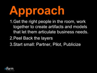 Approach Get the right people in the room, work together to create artifacts and models that let them articulate business needs. Peel Back the layers Start small: Partner, Pilot, Publicize 
