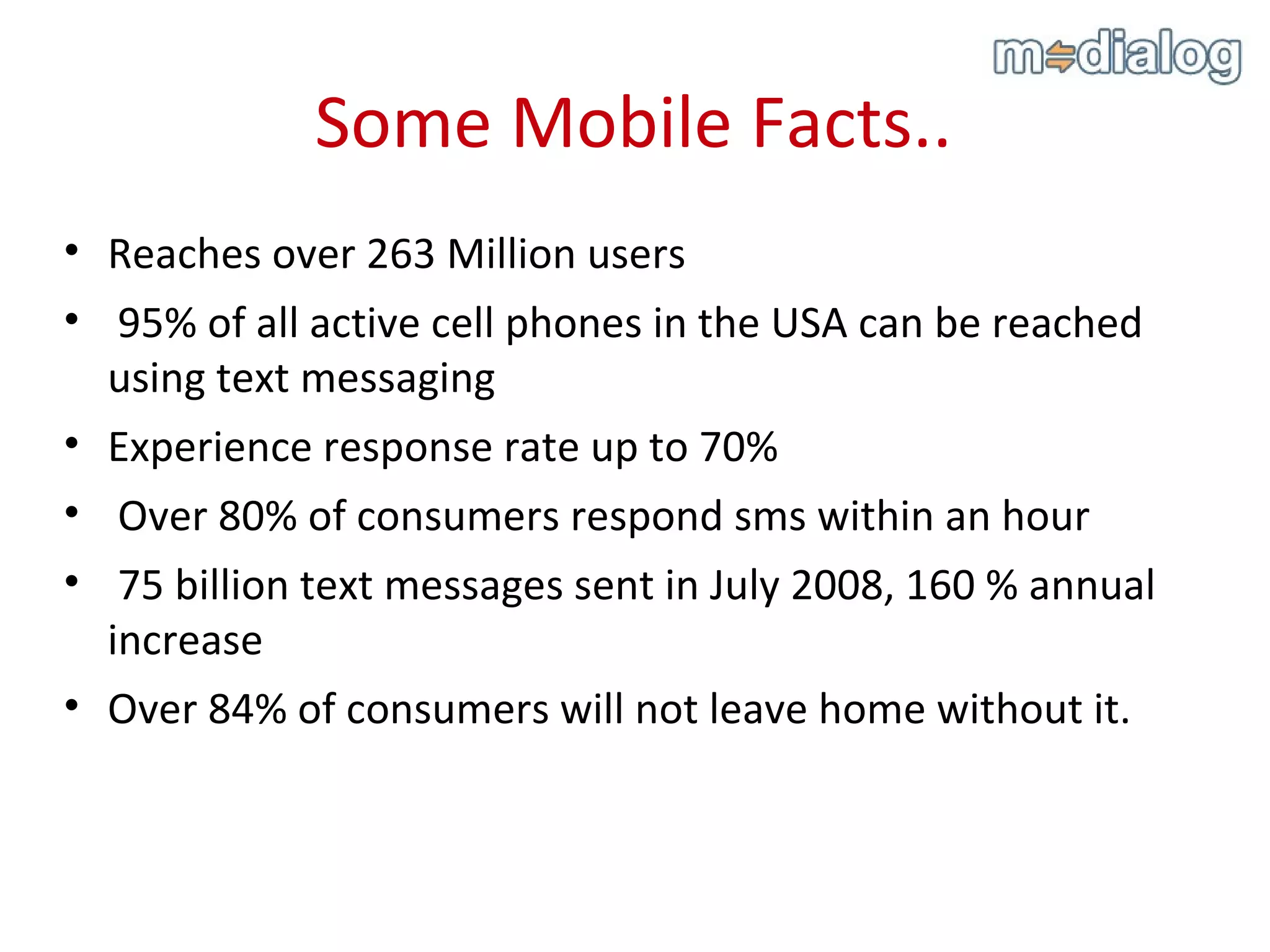 Some Mobile Facts.. Reaches over 263 Million users 95% of all active cell phones in the USA can be reached using text messaging Experience response rate up to 70% Over 80% of consumers respond sms within an hour 75 billion text messages sent in July 2008, 160 % annual increase Over 84% of consumers will not leave home without it. 