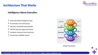13
Design the System
© MaintWiz Technologies 2026. All rights reserved. https://www.maintwiz.com
Architecture That Works
 Asset data feeds intelligence layer
 AI evaluates risk continuously
 Decisions prioritized automatically
 SAP PM executes approved actions
 Feedback improves future decisions
 Closed-loop reliability system
Intelligence Above Execution
 