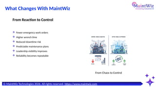 16
From Chaos to Control
© MaintWiz Technologies 2026. All rights reserved. https://www.maintwiz.com
What Changes With MaintWiz
 Fewer emergency work orders
 Higher wrench time
 Reduced downtime risk
 Predictable maintenance plans
 Leadership visibility improves
 Reliability becomes repeatable
From Reaction to Control
 