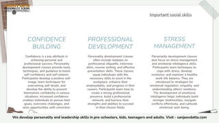 Confidence is a key attribute in
achieving personal and
professional success. Personality
development classes provide tools,
techniques, and guidance to boost
self-confidence and self-esteem.
Participants develop a positive self-
image, learn techniques for
overcoming self-doubt, and
develop the ability to present
themselves confidently in various
situations. Increased confidence
enables individuals to pursue their
goals, overcome challenges, and
seize opportunities with conviction.
CONFIDENCE
BUILDING
Personality development classes
often include modules on
professional etiquette, interview
skills, resume writing, and effective
presentation skills. These classes
equip individuals with the
necessary skills to excel in the
workplace, enhance their
employability, and progress in their
careers. Participants learn how to
create a strong professional
presence, build a professional
network, and harness their
strengths and abilities to succeed
in their chosen fields.
PROFESSIONAL
DEVELOPMENT
Personality development classes
also focus on stress management
and emotional intelligence skills.
Participants learn techniques to
cope with stress, develop
resilience, and maintain a healthy
work-life balance. They are
introduced to strategies for
emotional regulation, empathy, and
understanding others' emotions.
The development of emotional
intelligence helps individuals build
stronger relationships, navigate
conflicts effectively, and cultivate
emotional well-being.
STRESS
MANAGEMENT
Important social skills
We develop personality and leadership skills in pre-schoolers, kids, teenagers and adults. Visit - sanjeevdatta.com
 
