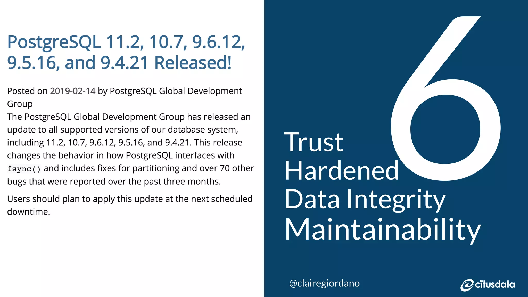 NORDIC PGDay 2019 | Copenhagen
6Trust
Hardened
Data Integrity
Maintainability
@clairegiordano
 