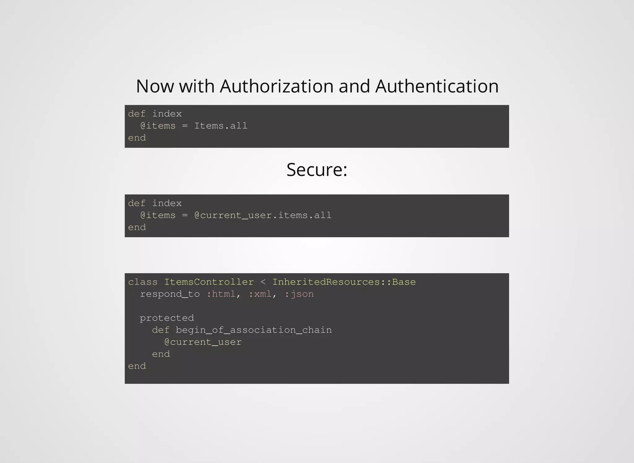 Now with Authorization and Authentication def index @items = Items.all end def index @items = @current_user.items.all end class ItemsController < InheritedResources::Base respond_to :html, :xml, :json protected def begin_of_association_chain @current_user end end Secure: 