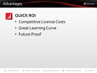 Advantages
QUICK ROI
• Competitive License Costs
• Great Learning Curve
• Future Proof

18

 