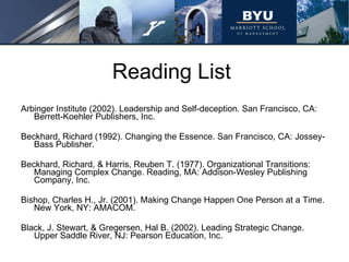 Reading List Arbinger Institute (2002). Leadership and Self-deception. San Francisco, CA: Berrett-Koehler Publishers, Inc. Beckhard, Richard (1992). Changing the Essence. San Francisco, CA: Jossey-Bass Publisher.  Beckhard, Richard, & Harris, Reuben T. (1977). Organizational Transitions: Managing Complex Change. Reading, MA: Addison-Wesley Publishing Company, Inc. Bishop, Charles H., Jr. (2001). Making Change Happen One Person at a Time. New York, NY: AMACOM. Black, J. Stewart, & Gregersen, Hal B. (2002). Leading Strategic Change. Upper Saddle River, NJ: Pearson Education, Inc. 