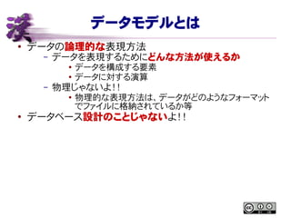 データモデルとは
● データの論理的な表現方法
– データを表現するためにどんな方法が使えるか
● データを構成する要素
● データに対する演算
– 物理じゃないよ！！
●
物理的な表現方法は、データがどのようなフォーマット
でファイルに格納されているか等
●
データベース設計のことじゃないよ！！
 